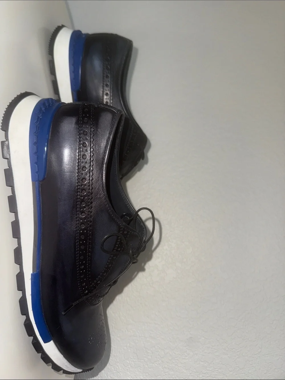Men's Berluti Black Leather Wingtip Derby with Blue Accent Sole